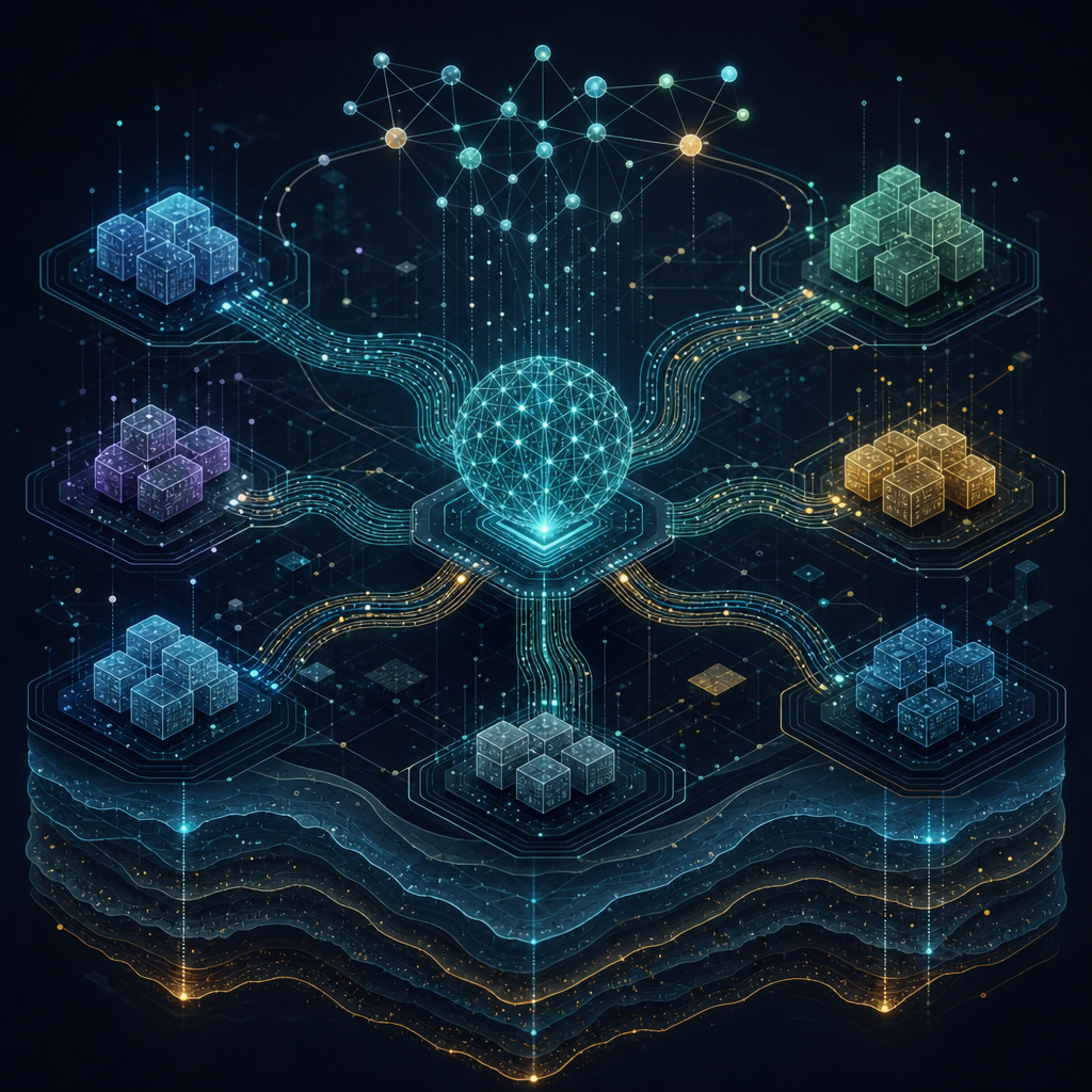 Editorial illustration showing how EMO routes tokens through semantically coherent expert groups instead of scattering across all experts.