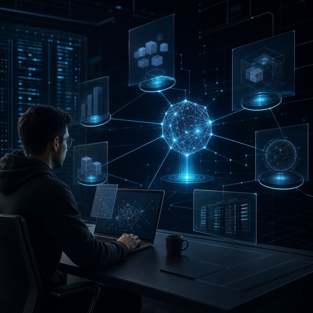 Editorial illustration showing OpenAI DeployCo as a bridge between frontier AI capabilities and enterprise deployment, with Forward Deployed Engineers embedded in client organizations.